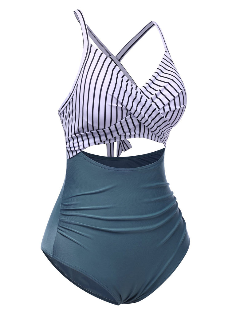 Maillot de bain vert à rayures et patchwork creux années 1940
