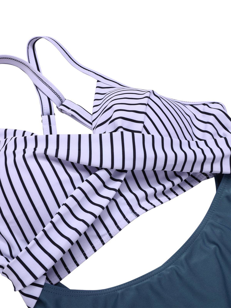 Maillot de bain bleu à rayures et patchwork creux années 1940