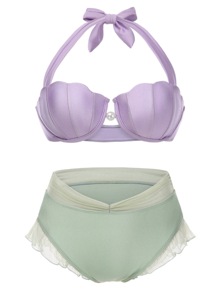 [Grande taille] Ensemble bikini licou coquille sirène lavande des années 1970