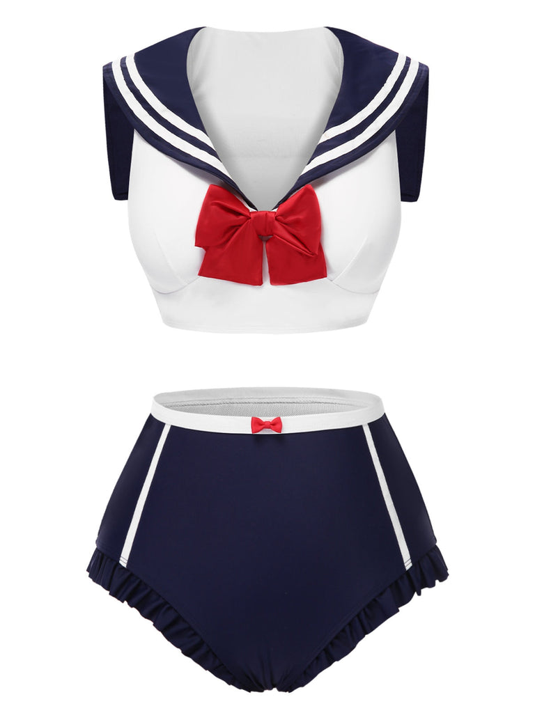 Maillot de bain bleu foncé nautique et nœud des années 1970