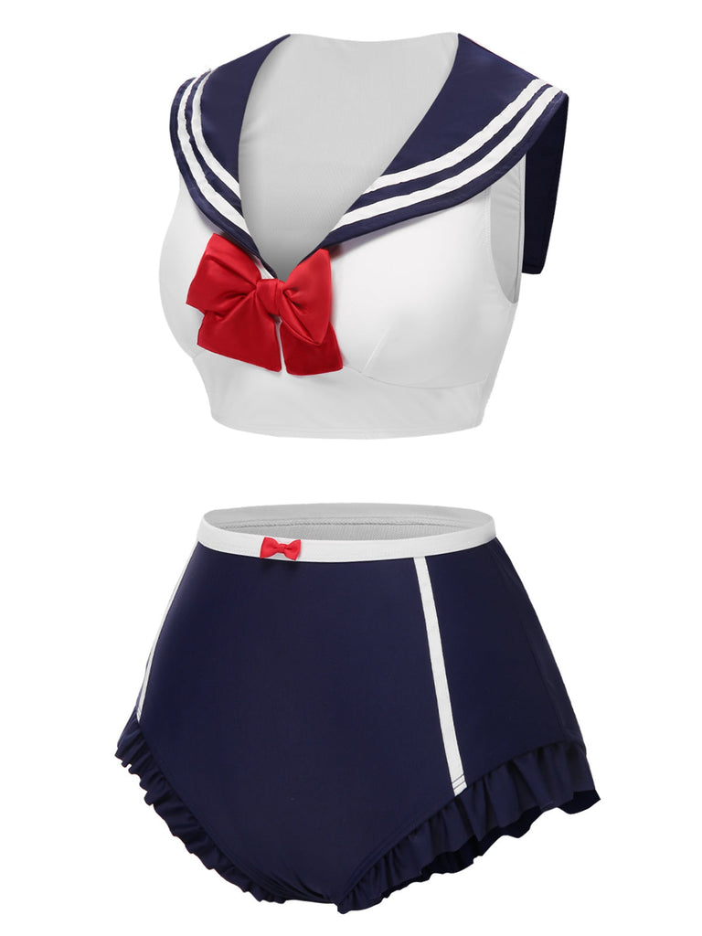 Maillot de bain bleu foncé nautique et nœud des années 1970