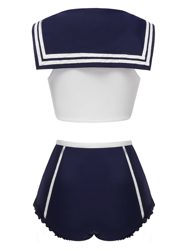 Maillot de bain bleu foncé nautique et nœud des années 1970