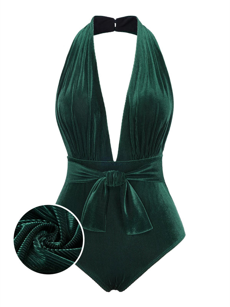 Maillot de bain col V profond en velours vert foncé des années 1970