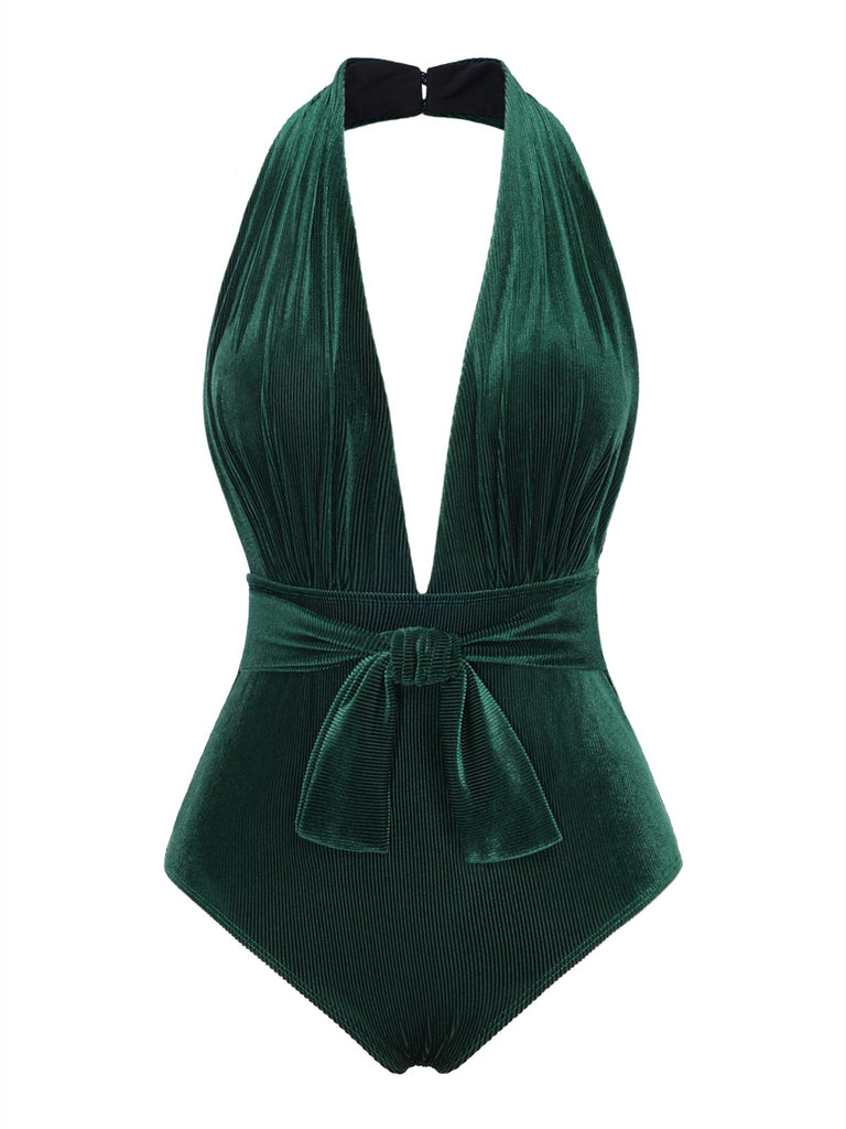 Maillot de bain col V profond en velours vert foncé des années 1970