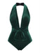 Maillot de bain col V profond en velours vert foncé des années 1970