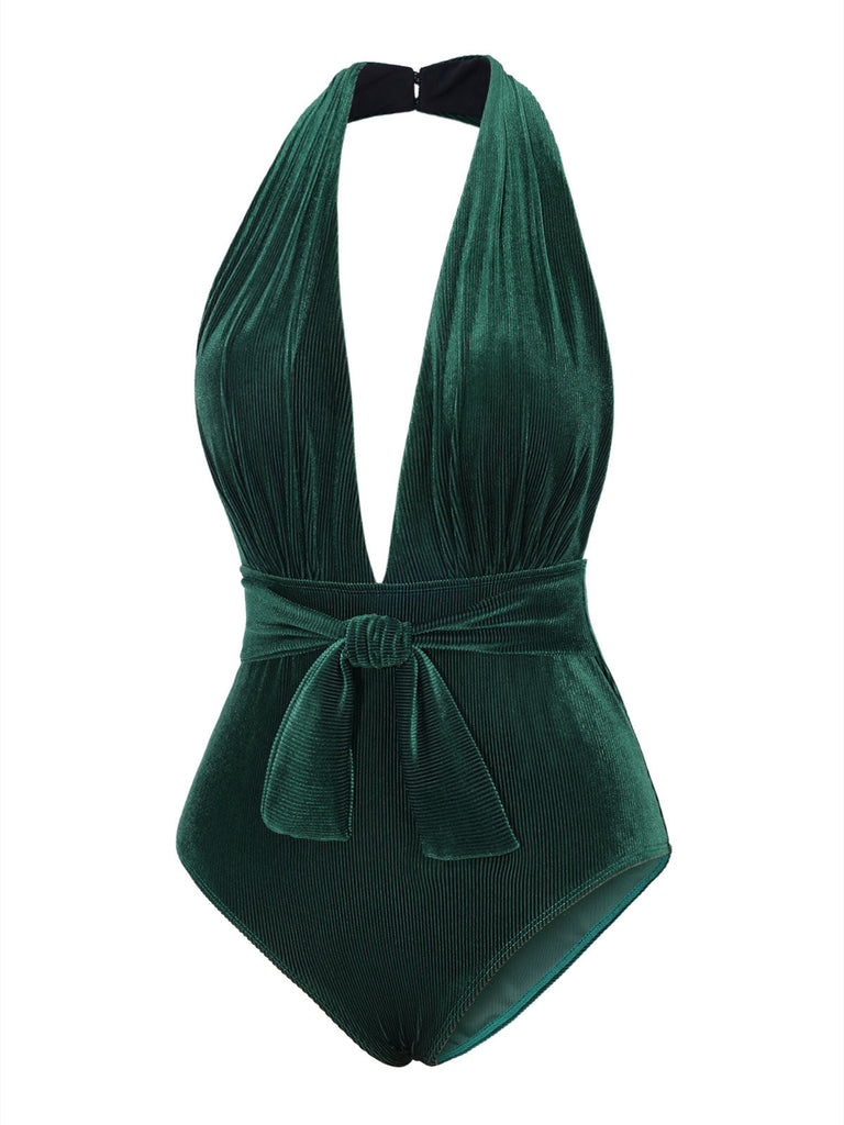 Maillot de bain col V profond en velours vert foncé des années 1970