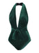 Maillot de bain col V profond en velours vert foncé des années 1970