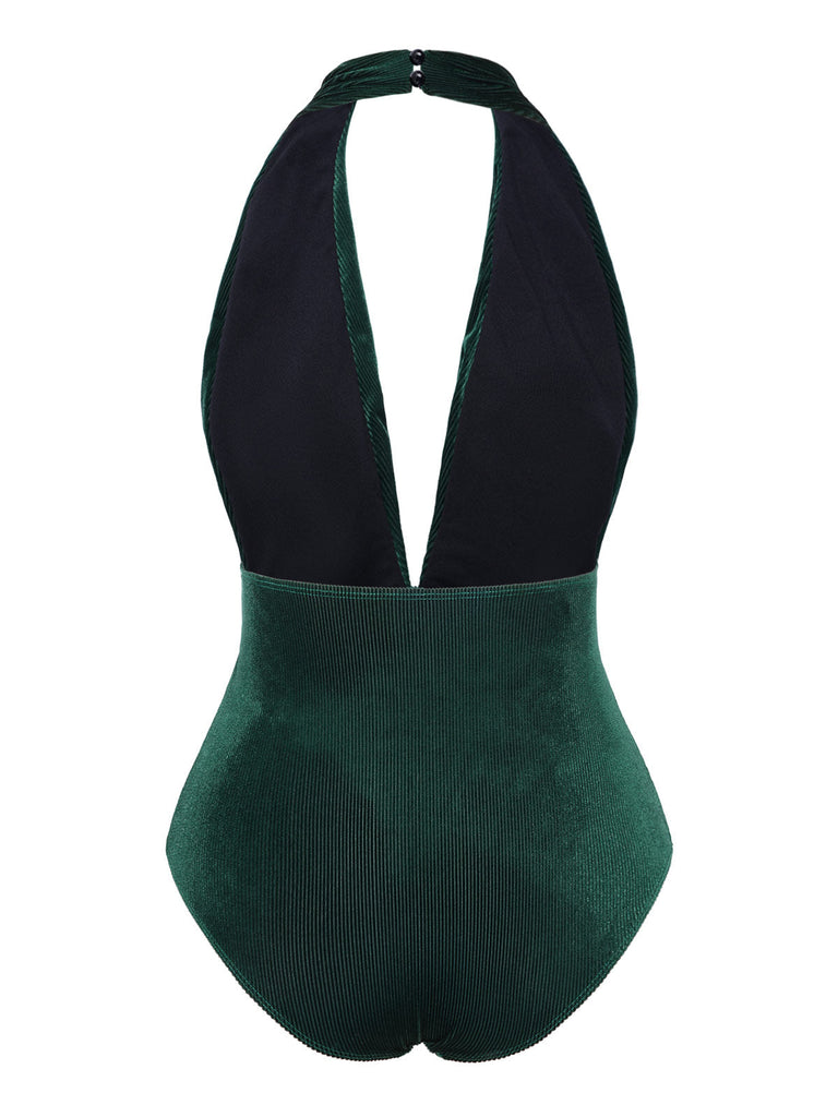 Maillot de bain col V profond en velours vert foncé des années 1970