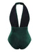 Maillot de bain col V profond en velours vert foncé des années 1970
