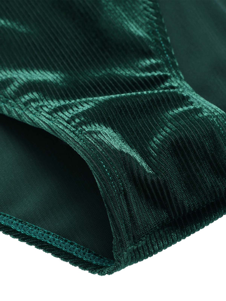 Maillot de bain col V profond en velours vert foncé des années 1970