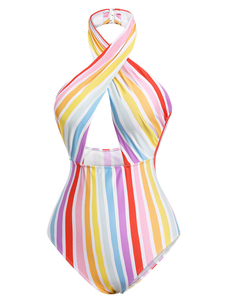 Maillot de Bain multicolore à rayures arc-en-ciel des années 1960
