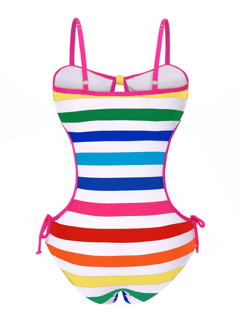 Maillot de bain à rayures creux avec nœud Barbie des années 1960