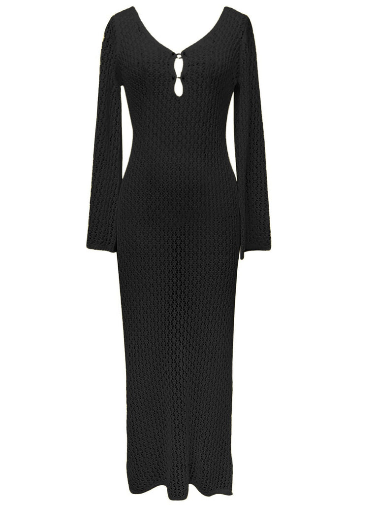 Robe longue cache-cœur en maille creuse des années 1960