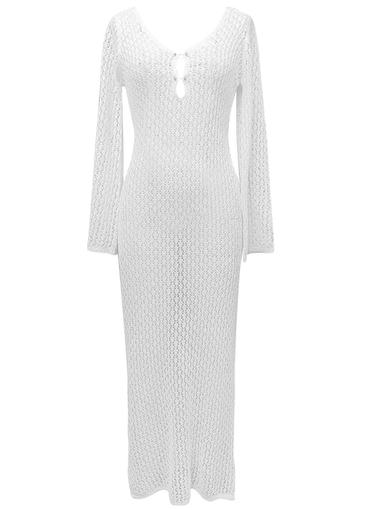 Robe longue cache-cœur en maille creuse des années 1960