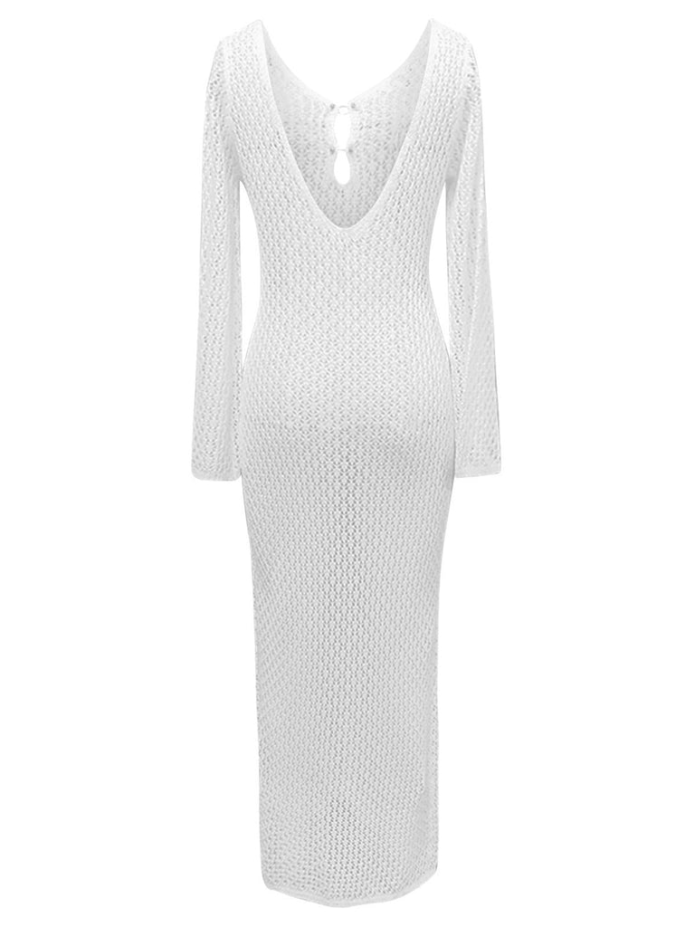 Robe longue cache-cœur en maille creuse des années 1960
