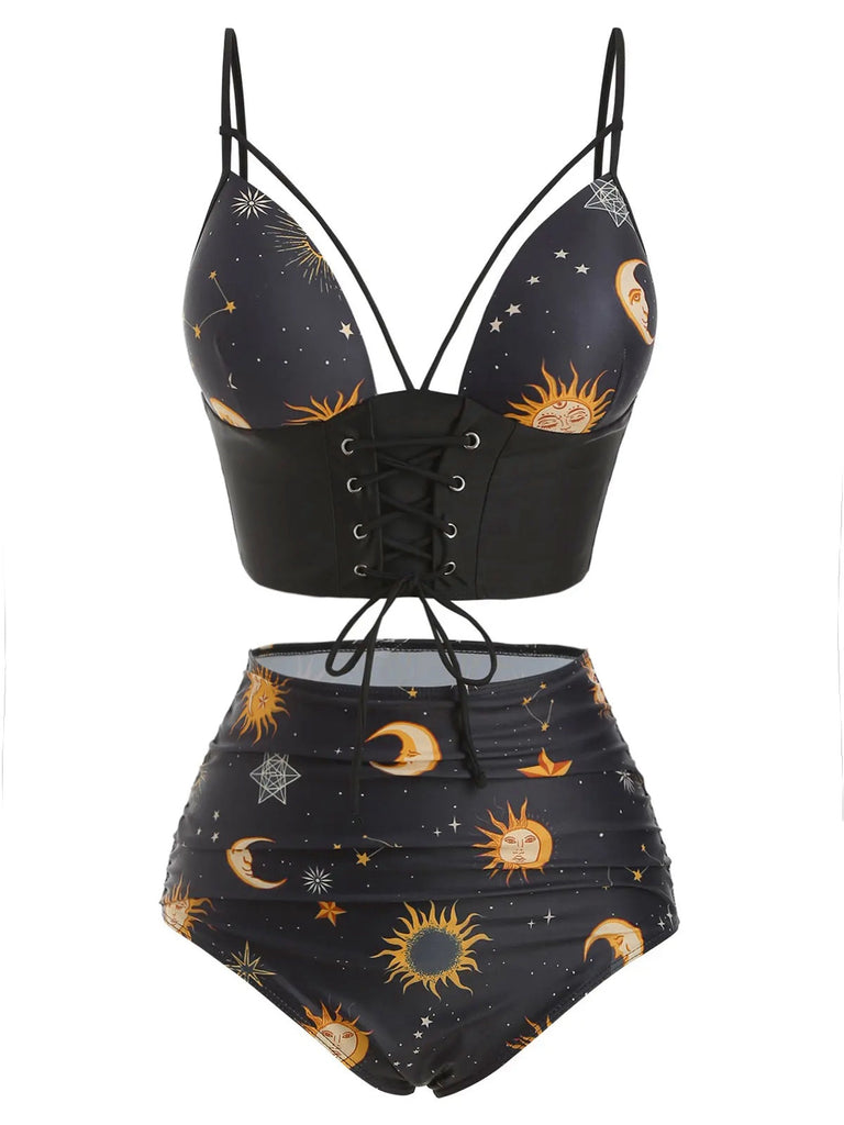Maillot de bain à lacets rouge Soleil Lune Étoiles années 40