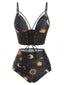 Maillot de bain à lacets noir Soleil Lune Étoiles années 40
