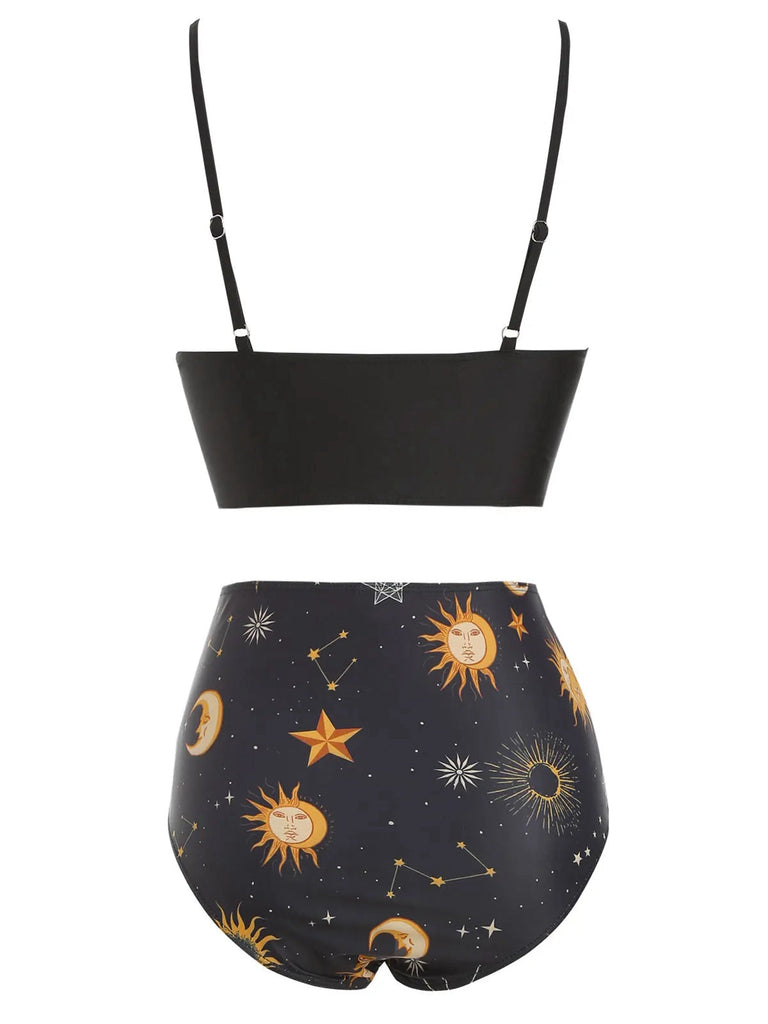 Maillot de bain à lacets rouge Soleil Lune Étoiles années 40