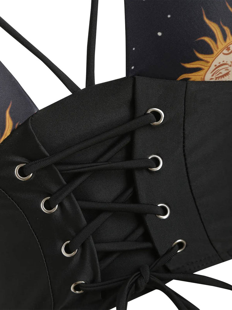 Maillot de bain à lacets rouge Soleil Lune Étoiles années 40