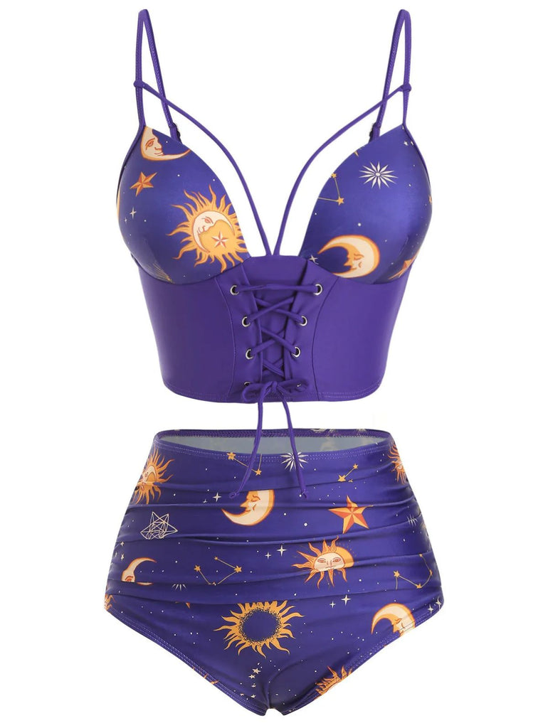 Maillot de bain à lacets rouge Soleil Lune Étoiles années 40