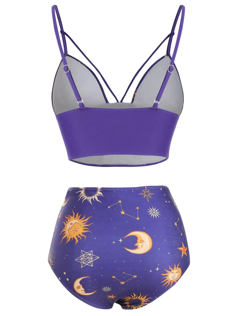 Maillot de bain à lacets rouge Soleil Lune Étoiles années 40