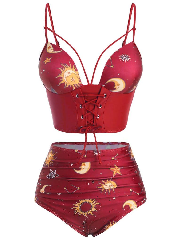 Maillot de bain à lacets rouge Soleil Lune Étoiles années 40