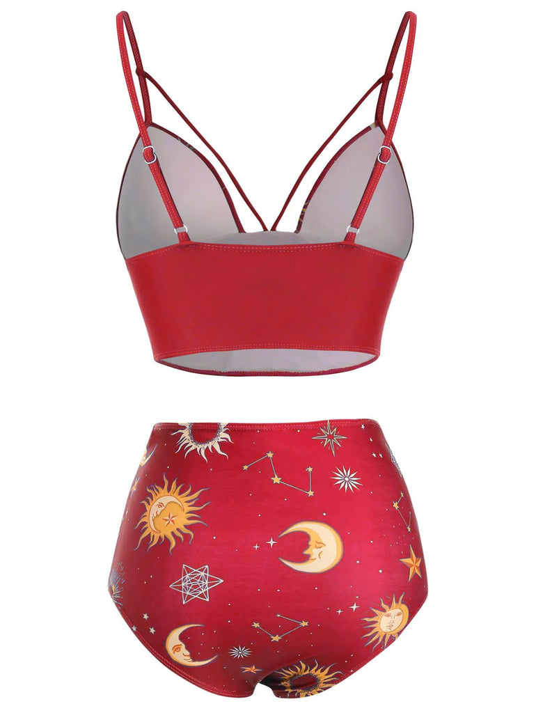 Maillot de bain à lacets rouge Soleil Lune Étoiles années 40