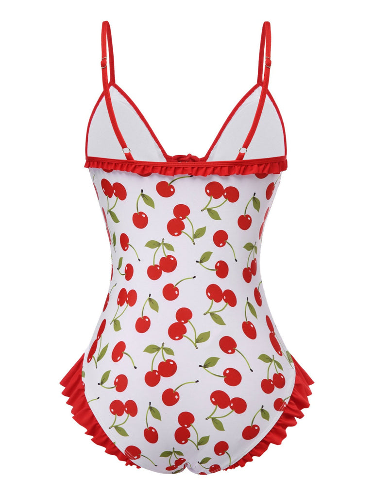 Maillot de bain rouge à volants et lacets cerises des années 1950