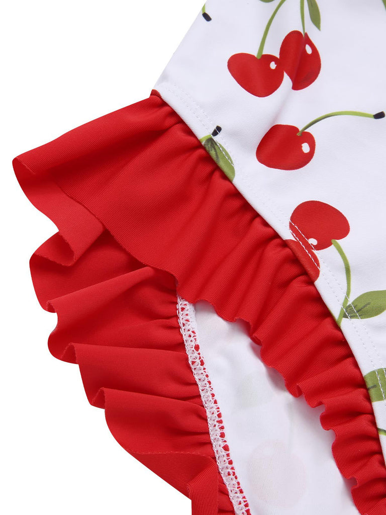 Maillot de bain rouge à volants et lacets cerises des années 1950