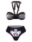 Ensemble bikini dos nu noir à motif main de squelette des années 1970