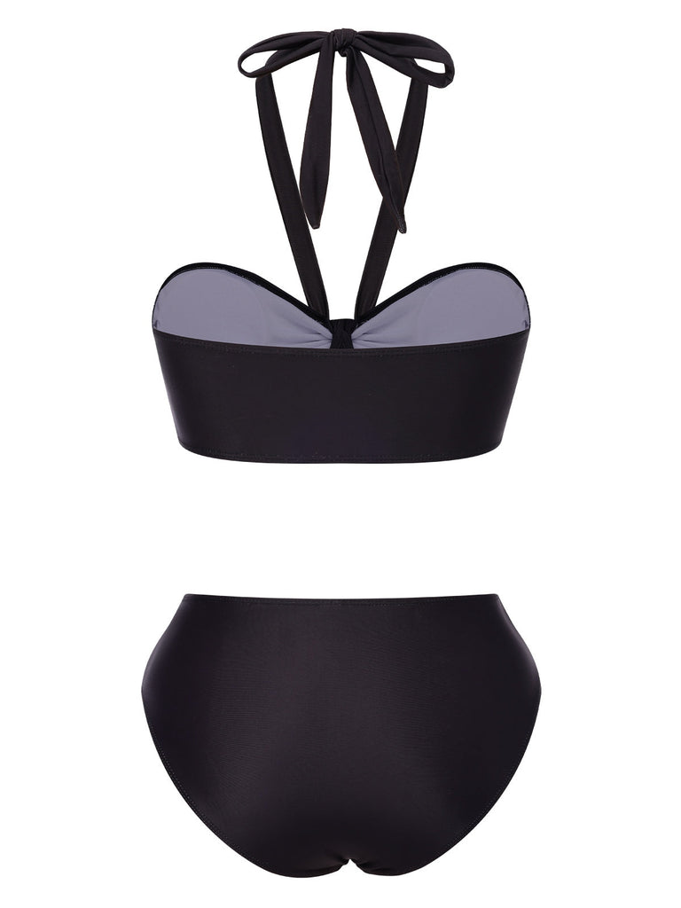 Ensemble bikini dos nu noir à motif main de squelette des années 1970