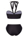 Ensemble bikini dos nu noir à motif main de squelette des années 1970