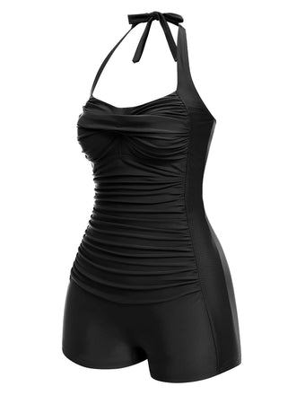 Maillot de bain une pièce noir uni dos nu et coupe boxer années 50