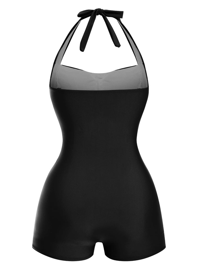 Maillot de bain une pièce noir uni dos nu et coupe boxer années 50