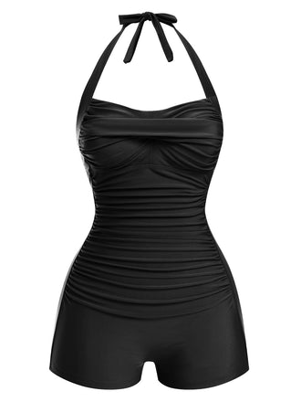 Maillot de bain une pièce noir uni dos nu et coupe boxer années 50