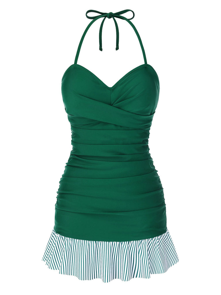 Maillot de bain dos nu froncé à volants et rayures vertes des années 1930