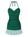 Maillot de bain dos nu froncé à volants et rayures vertes des années 1930