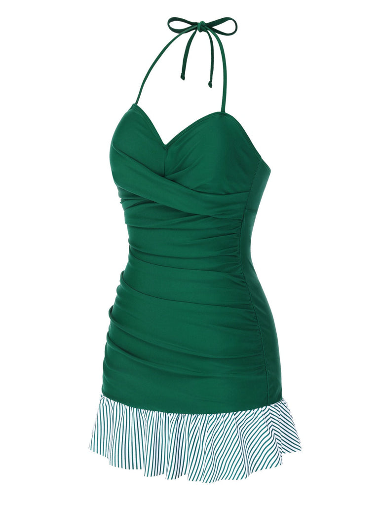 Maillot de bain dos nu froncé à volants et rayures vertes des années 1930
