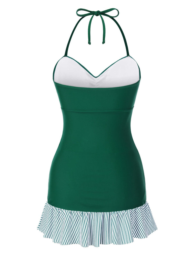 Maillot de bain dos nu froncé à volants et rayures vertes des années 1930