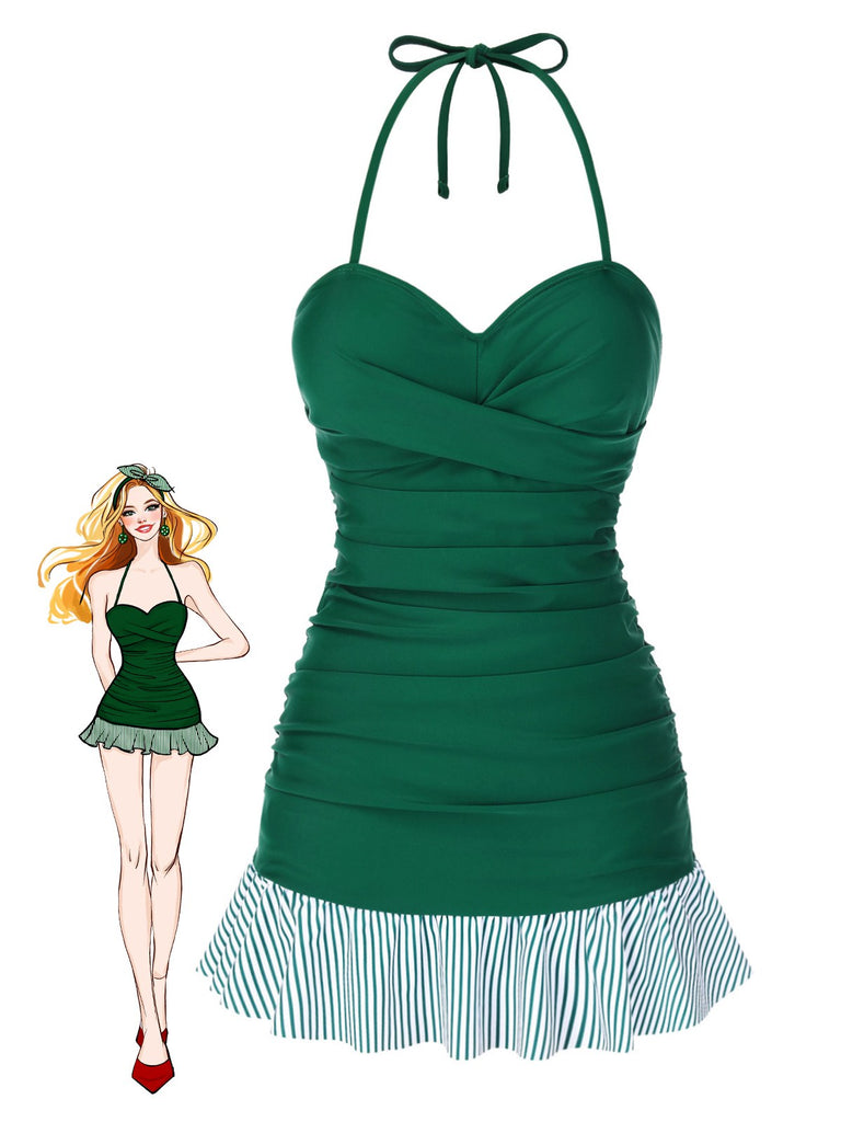 Maillot de bain dos nu froncé à volants et rayures vertes des années 1930