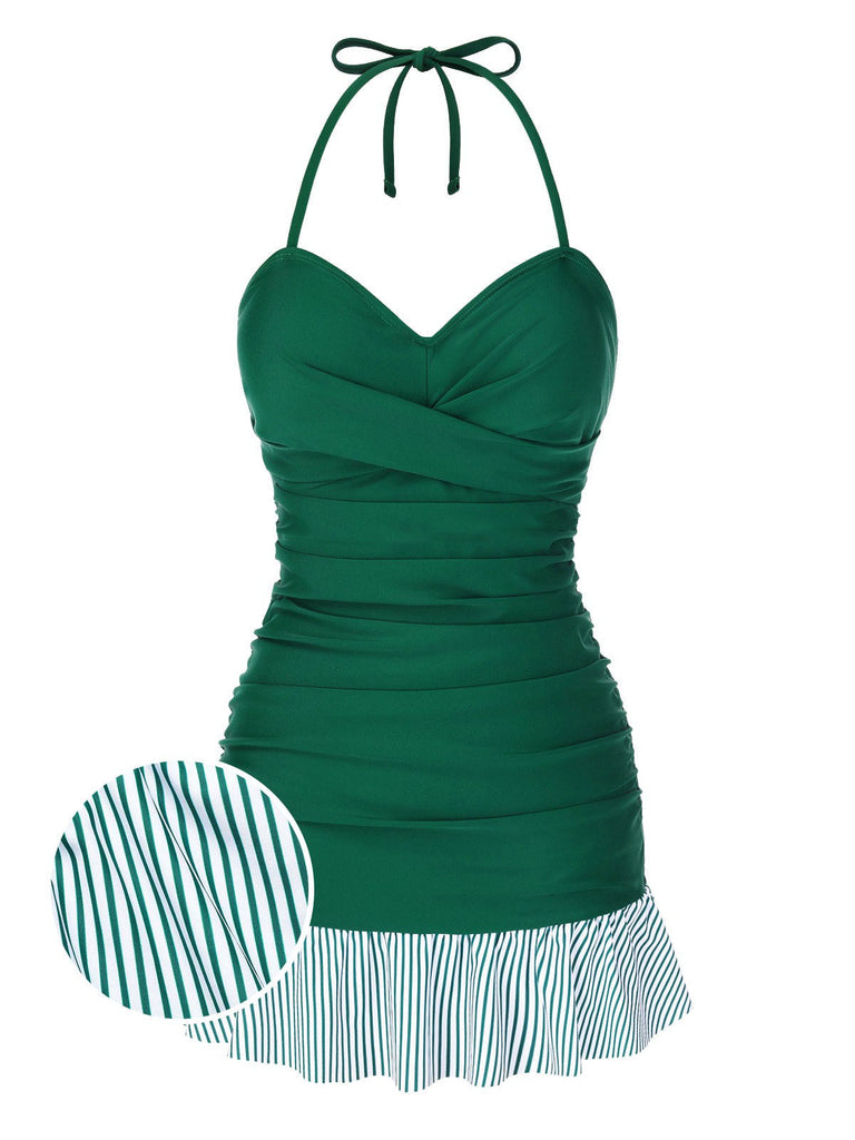 Maillot de bain dos nu froncé à volants et rayures vertes des années 1930