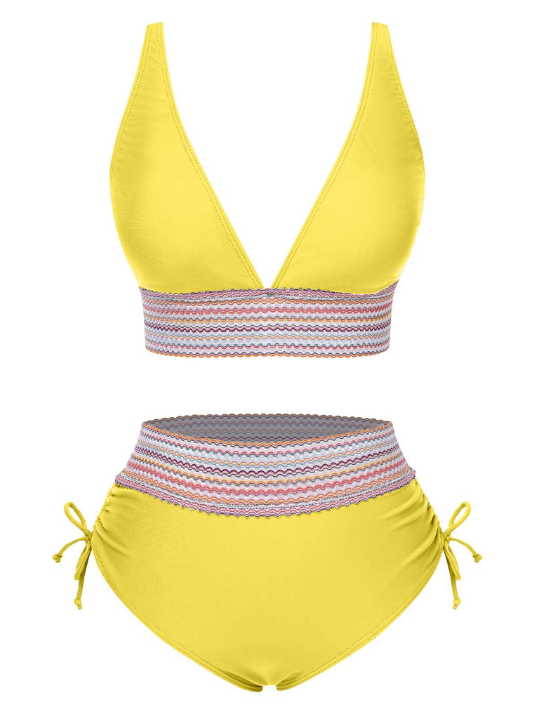 Ensemble de bikini col V patchwork style bohème des années 1970
