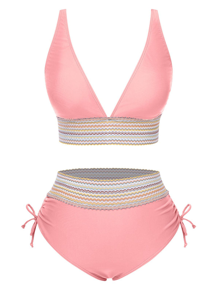 Ensemble de bikini col V patchwork style bohème des années 1970