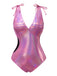 Maillot de bain rose avec nœud profond en V brillant creux années 70