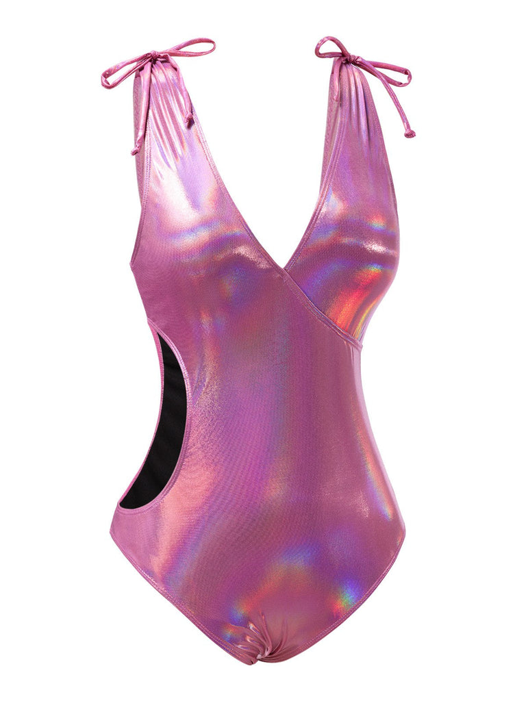 Maillot de bain rose avec nœud profond en V brillant creux années 70