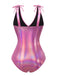 Maillot de bain rose avec nœud profond en V brillant creux années 70