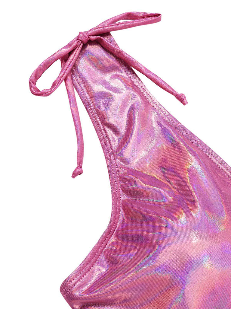Maillot de bain rose avec nœud profond en V brillant creux années 70