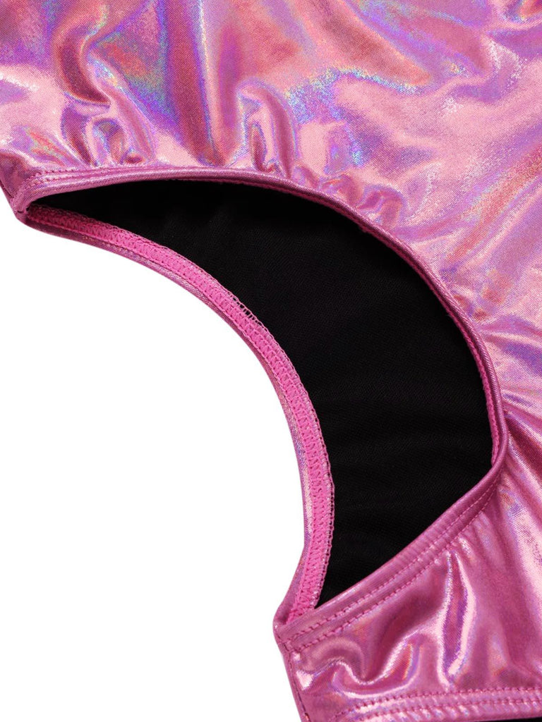 Maillot de bain rose avec nœud profond en V brillant creux années 70