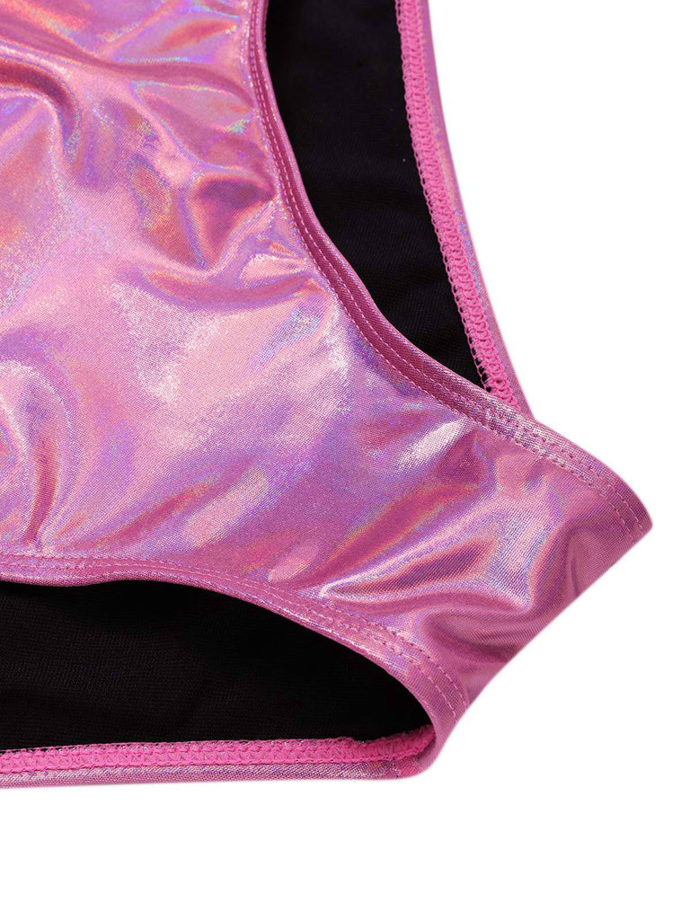 Maillot de bain rose avec nœud profond en V brillant creux années 70