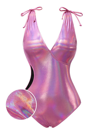 Maillot de bain rose avec nœud profond en V brillant creux années 70
